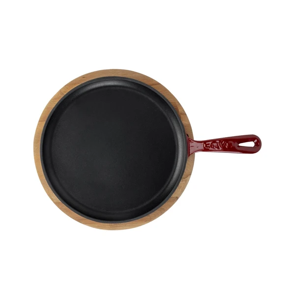 Lava Döküm Yuvarlak Pizza Krep Pankek Tavası Döküm Demir Yekpare Saplı Kayın Servis Ahşabı Çap(Ø)20cm.-Bordo - Resim 3