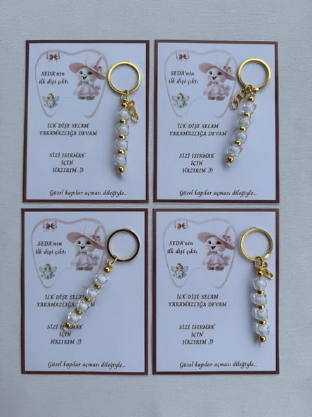 24 Adet Beyaz Renk İsme Özel İlk Dişim Çıktı Diş Partisi Diş Buğdayı Hatırası Hediyelik Anahtarlık - Resim 2