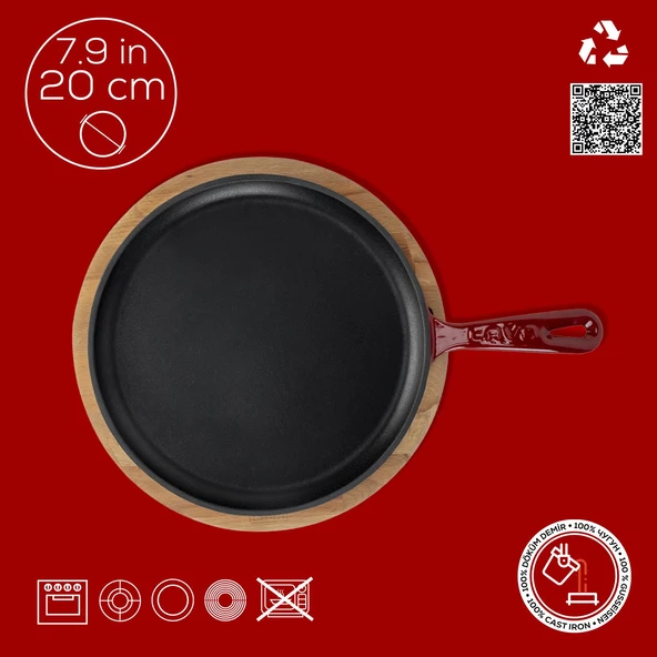 Lava Döküm Yuvarlak Pizza Krep Pankek Tavası Döküm Demir Yekpare Saplı Kayın Servis Ahşabı Çap(Ø)20cm.-Bordo - Resim 4