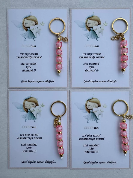 72 Adet Pembe Renk İsme Özel İlk Dişim Çıktı Diş Partisi Diş Buğdayı Hatırası Hediyelik Anahtarlık - Resim 2