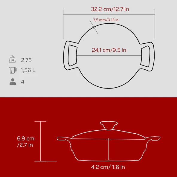 Lava Döküm Yuvarlak Sahan Cam Kapaklı Döküm Demir Yekpare Çift Kulplu Çap(Ø)24cm. - Resim 5