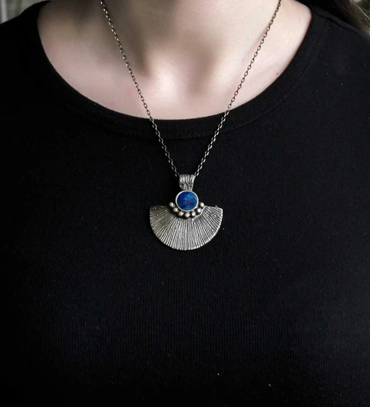 Doğal Taş Lapis Doğal Taşlı Desenli Otantik Kadın Kolye 45 Cm Zincirli euk26lps - Resim 3