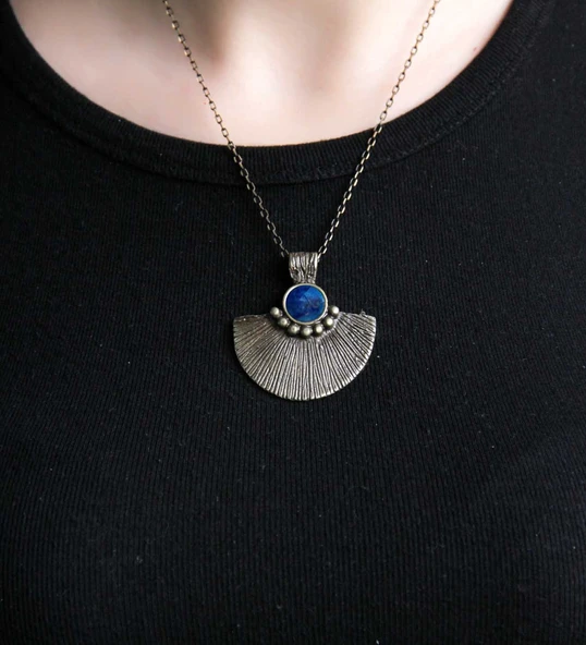 Doğal Taş Lapis Doğal Taşlı Desenli Otantik Kadın Kolye 45 Cm Zincirli euk26lps - Resim 2