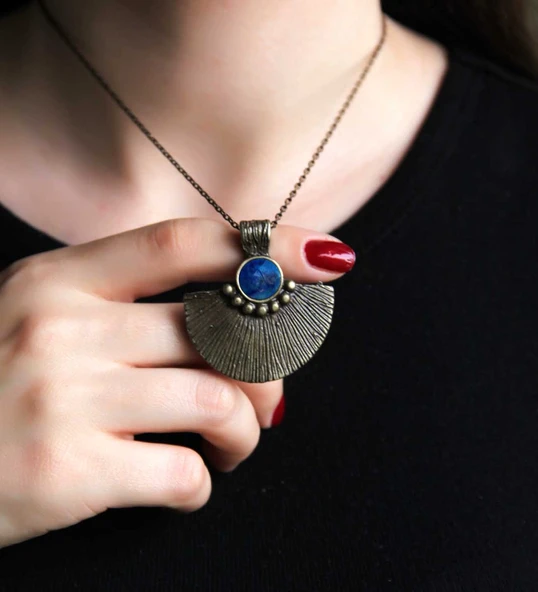 Doğal Taş Lapis Doğal Taşlı Desenli Otantik Kadın Kolye 45 Cm Zincirli euk26lps ürün görseli