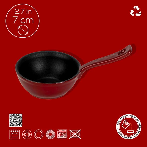Lava Döküm Yuvarlak Sufle Sos Kabı Döküm Demir Yekpare Saplı Çap(Ø)7cm.-Bordo - 4