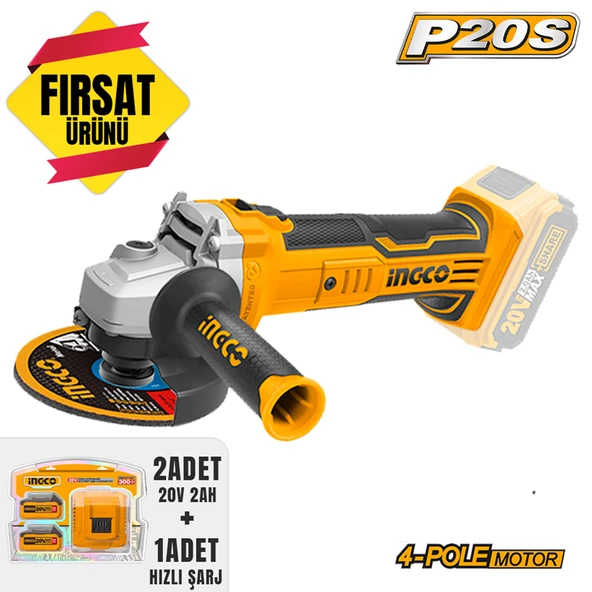 Li-ion Akülü Avuç Taşlama 115 MM 20V 2.0Ah+ Li-ion Akü ve Şarj Cihazı Seti 20V 4.AH (ING-FBCPK1424E) ürün görseli