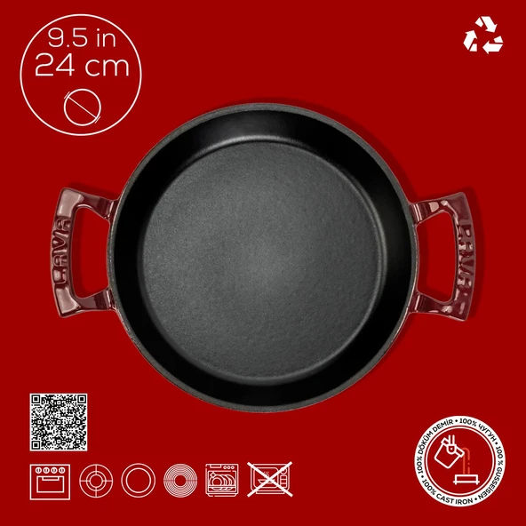 Lava Döküm Yuvarlak Sahan Döküm Demir Yekpare Çift Kulplu Çap(Ø)24cm.-Bordo - Resim 4