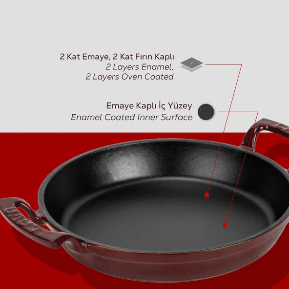 Lava Döküm Yuvarlak Sahan Döküm Demir Yekpare Çift Kulplu Çap(Ø)24cm.-Bordo - Resim 6