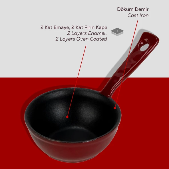 Lava Döküm Yuvarlak Sufle Sos Kabı Döküm Demir Yekpare Saplı Çap(Ø)7cm.-Bordo - 6