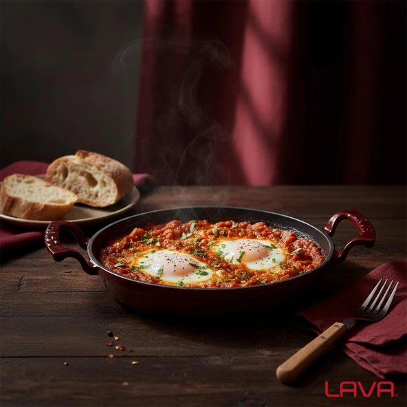 Lava Döküm Yuvarlak Sahan Döküm Demir Yekpare Çift Kulplu Çap(Ø)24cm.-Bordo - Resim 7