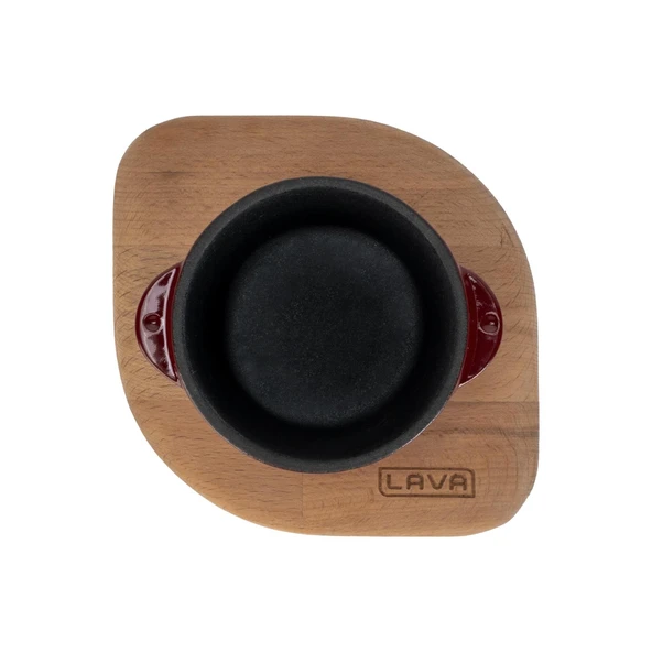 Lava Döküm Yuvarlak Sufle / Sos Kabı ve Ahşap Altlığı. Çap(Ø)8cm.-Bordo - 3