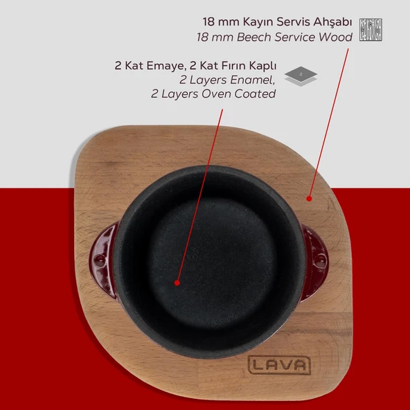 Lava Döküm Yuvarlak Sufle / Sos Kabı ve Ahşap Altlığı. Çap(Ø)8cm.-Bordo - 6