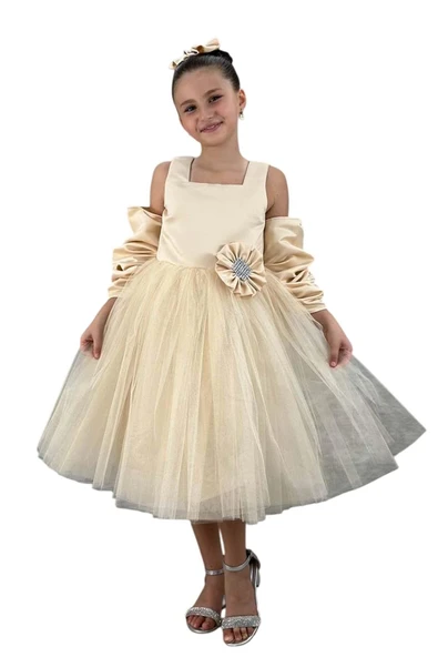 Kız Çocuk Kare Yaka Sıfır Kol Eteği Tüllü Kabarık Saten Kolluk Detaylı Bej Abiye - Resim 5