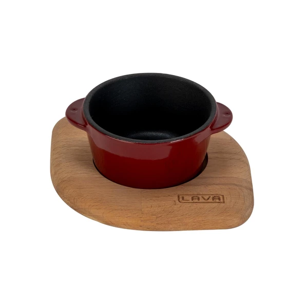 Lava Döküm Yuvarlak Sufle / Sos Kabı ve Ahşap Altlığı. Çap(Ø)8cm.-Bordo - 1