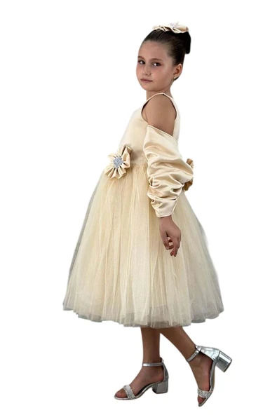 Kız Çocuk Kare Yaka Sıfır Kol Eteği Tüllü Kabarık Saten Kolluk Detaylı Bej Abiye - Resim 7