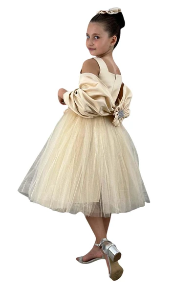 Kız Çocuk Kare Yaka Sıfır Kol Eteği Tüllü Kabarık Saten Kolluk Detaylı Bej Abiye - Resim 6