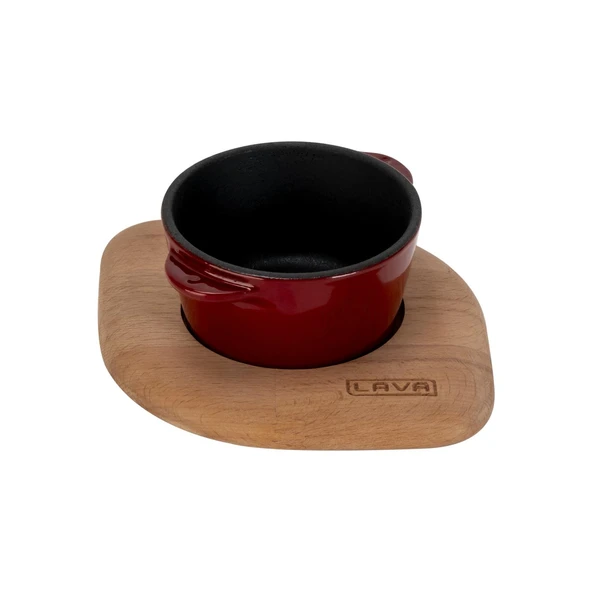 Lava Döküm Yuvarlak Sufle / Sos Kabı ve Ahşap Altlığı. Çap(Ø)8cm.-Bordo - 2
