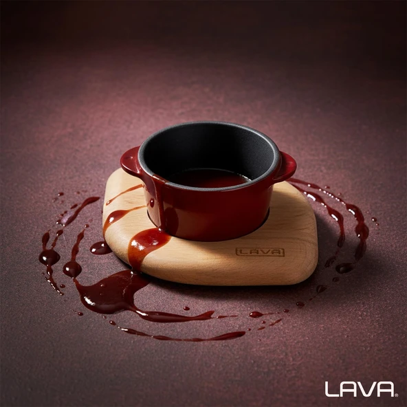 Lava Döküm Yuvarlak Sufle / Sos Kabı ve Ahşap Altlığı. Çap(Ø)8cm.-Bordo - 7