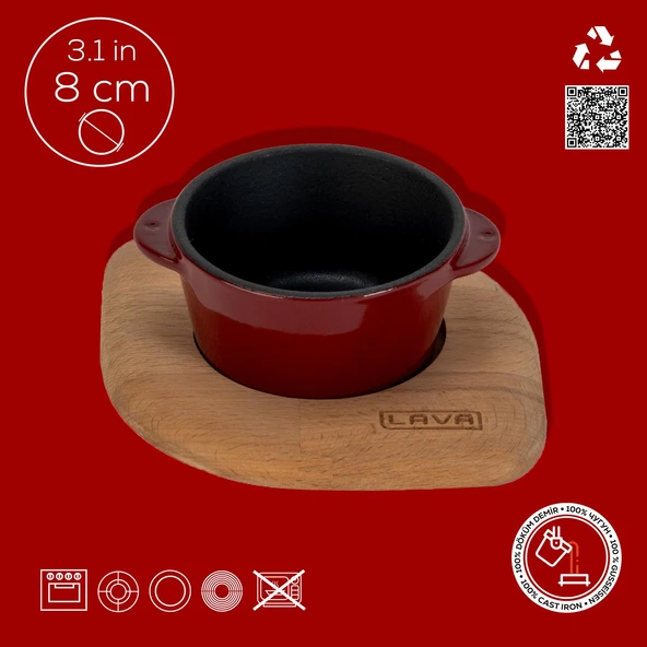 Lava Döküm Yuvarlak Sufle / Sos Kabı ve Ahşap Altlığı. Çap(Ø)8cm.-Bordo - 4