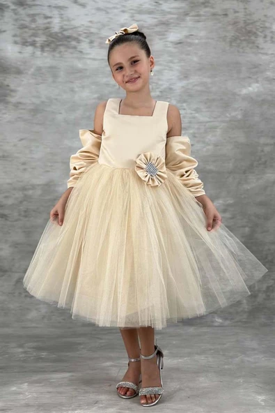 Kız Çocuk Kare Yaka Sıfır Kol Eteği Tüllü Kabarık Saten Kolluk Detaylı Bej Abiye ürün görseli