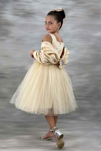 Kız Çocuk Kare Yaka Sıfır Kol Eteği Tüllü Kabarık Saten Kolluk Detaylı Bej Abiye - Resim 2