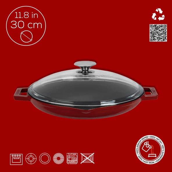 Lava Döküm Yuvarlak Kızartma Tavası Cam Kapaklı Döküm Demir Yekpare Çift Kulplu Çap(Ø)30cm.-Bordo - Resim 4