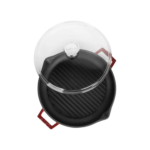 Lava Döküm Yuvarlak Izgara Tavası Cam Kapaklı Döküm Demir Yekpare Çift Kulplu Çap(Ø)30cm.-Bordo - Resim 3