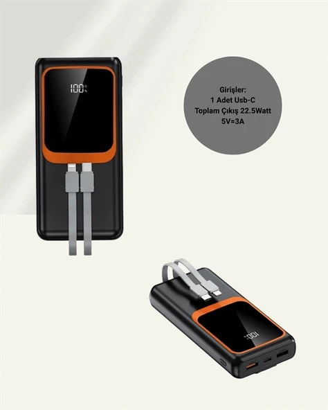 20000 mAh Powerbank | Çok Kablolu, Dijital Göstergeli, Yüksek Hızlı Şarj Cihazı - Resim 5