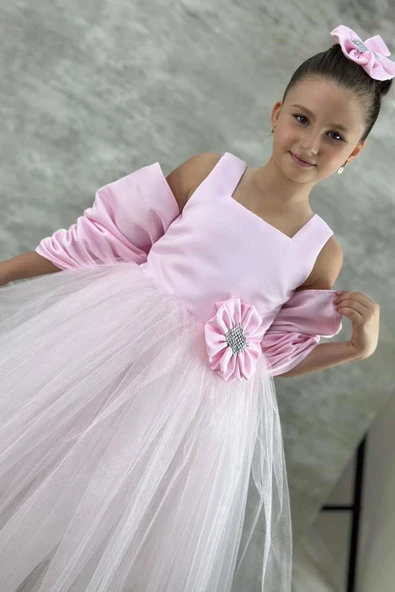 Kız Çocuk Kare Yaka Sıfır Kol Eteği Tüllü Kabarık Saten Kolluk Detaylı Pembe Abiye - Resim 3