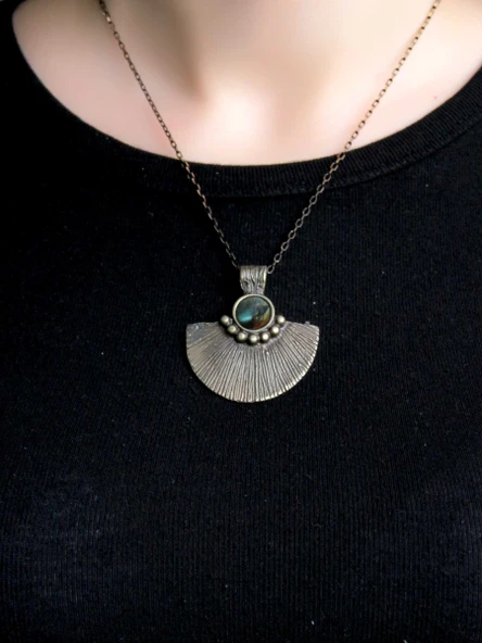 Doğal Taş Labradorit Doğal Taşlı Desenli Otantik Kadın Kolye 45 Cm Zincirli euk26lbt - Resim 3