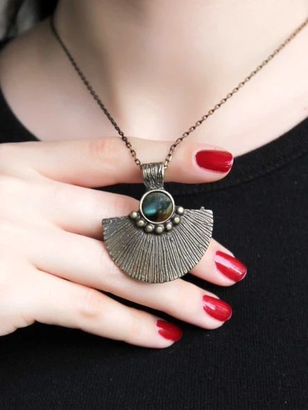 Doğal Taş Labradorit Doğal Taşlı Desenli Otantik Kadın Kolye 45 Cm Zincirli euk26lbt - Resim 2