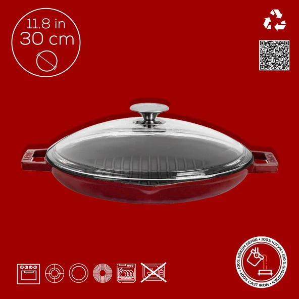 Lava Döküm Yuvarlak Izgara Tavası Cam Kapaklı Döküm Demir Yekpare Çift Kulplu Çap(Ø)30cm.-Bordo - Resim 4