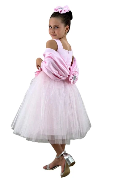 Kız Çocuk Kare Yaka Sıfır Kol Eteği Tüllü Kabarık Saten Kolluk Detaylı Pembe Abiye - Resim 6