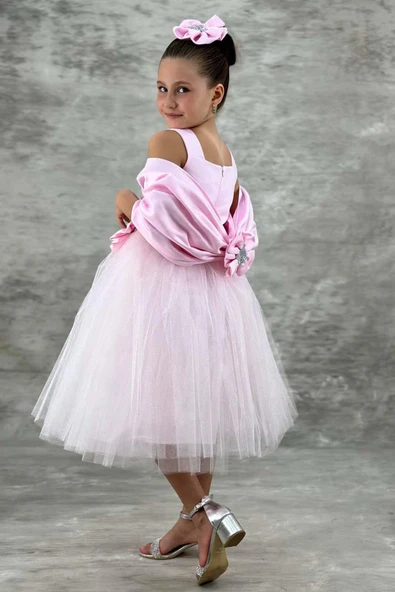 Kız Çocuk Kare Yaka Sıfır Kol Eteği Tüllü Kabarık Saten Kolluk Detaylı Pembe Abiye - Resim 2