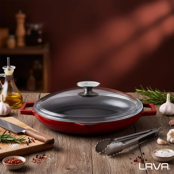 Lava Döküm Yuvarlak Kızartma Tavası Cam Kapaklı Döküm Demir Yekpare Çift Kulplu Çap(Ø)30cm.-Bordo - Resim 7