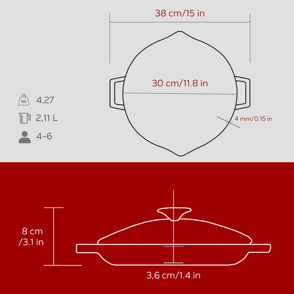 Lava Döküm Yuvarlak Kızartma Tavası Cam Kapaklı Döküm Demir Yekpare Çift Kulplu Çap(Ø)30cm.-Bordo - Resim 5