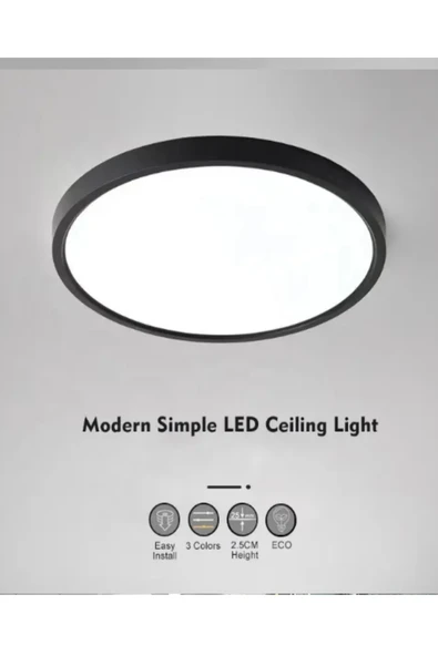 luxshome Sarı Işık Mat Siyah Kasa 24W Büyük Boy Tavana Sıfır Led Armatür Aplik Avize Ev Ofis İşyeri Salon - Resim 3