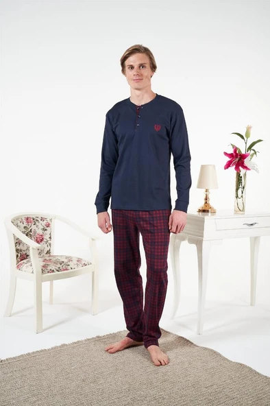 Estiva Penye İnterlok Kareli Uzun Kol Erkek Pijama Takım - Resim 6