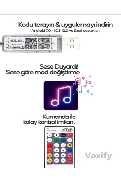 Voxify Tv Arkası 10 Metre Bluetooth Telefon Kontrollü Smart Ambiance Sese Duyarlı Kumandalı Şerit Led Işık - Resim 5