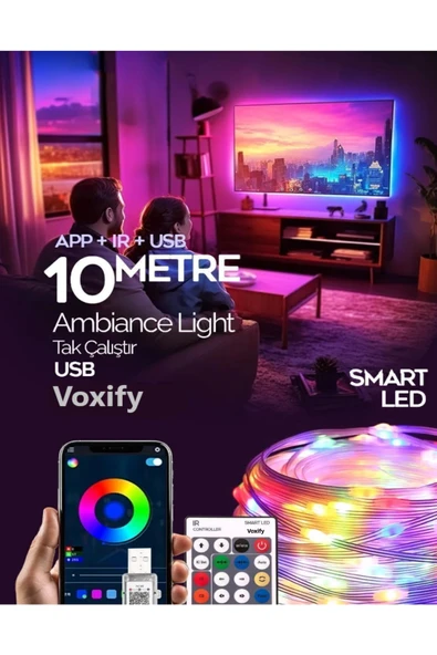 Voxify Tv Arkası 10 Metre Bluetooth Telefon Kontrollü Smart Ambiance Sese Duyarlı Kumandalı Şerit Led Işık ürün görseli