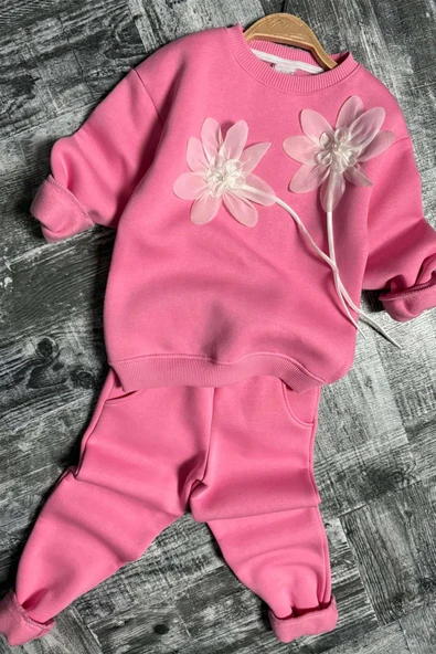 Kız Çocuk Çiçek Aksesuarlı Kazak Manşetli Pembe Eşofman Takım - 3