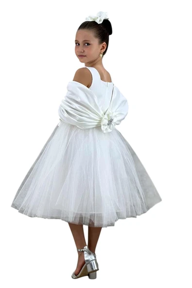 Kız Çocuk Kare Yaka Sıfır Kol Eteği Tüllü Kabarık Saten Kolluk Detaylı Beyaz Abiye - Resim 6