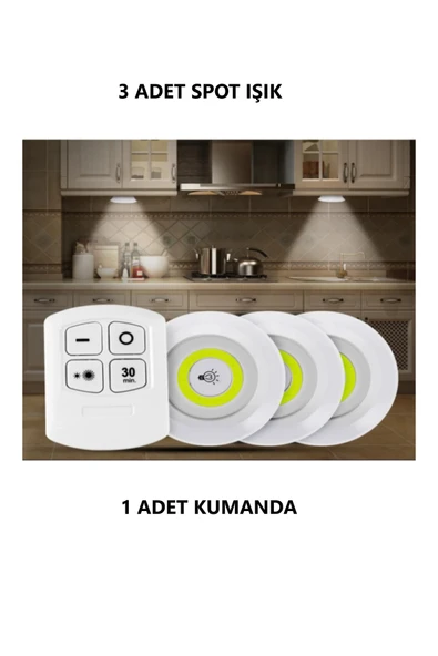 Voxify Pilli Uzaktan Kumandalı Yapışkanlı Kablosuz Pilli Led 3'lü Spot Lamba Beyaz Işık 6500K ürün görseli