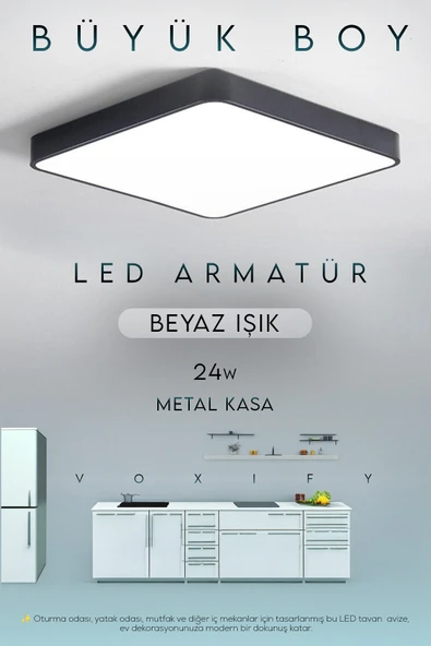 Voxify 30x30 cm Büyük Boy 24W Siyah Kasa Led Panel Avize Armatür Salon Banyo Balkon Tuvalet ve Wc Lambası ürün görseli