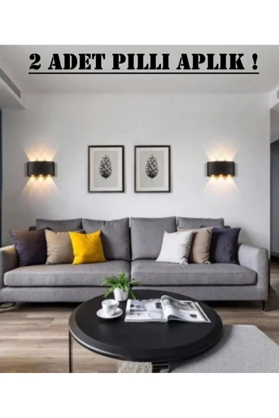 Voxify 2 Adet Pilli Çift Yön Işıklı Modern Dekoratif Led Aplik Salon Oturma Odaso Duvar Lambası Sarı Işık ürün görseli