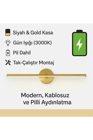 luxshome Modern Kablosuz Tak Çalıştır Ledli Pilli Aplik Banyo Tablo Ayna Aydınlatma Eskitme Gold Pil Dahildir - 2