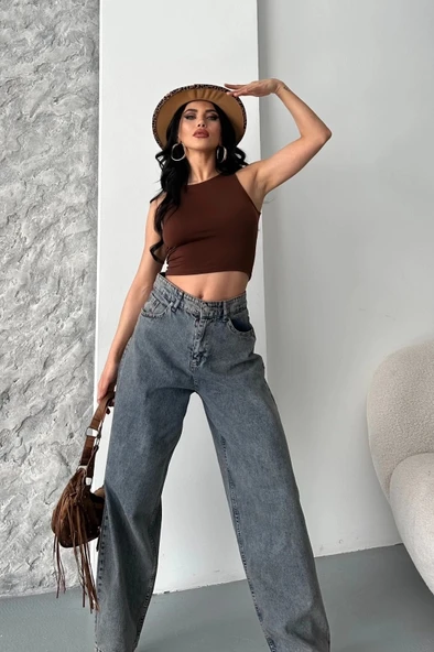 Baggy kar yıkama eskitme kahve jeans pantolon d2007 - Resim 3