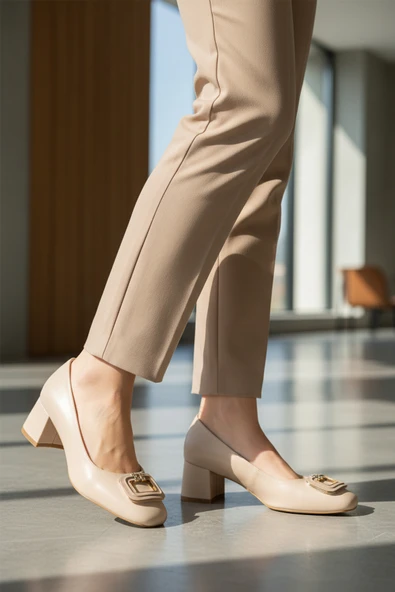 Ayakmod Bej Cilt Kalın Topuklu Kadın Abiye Ayakkabı 695040 Z - Resim 3