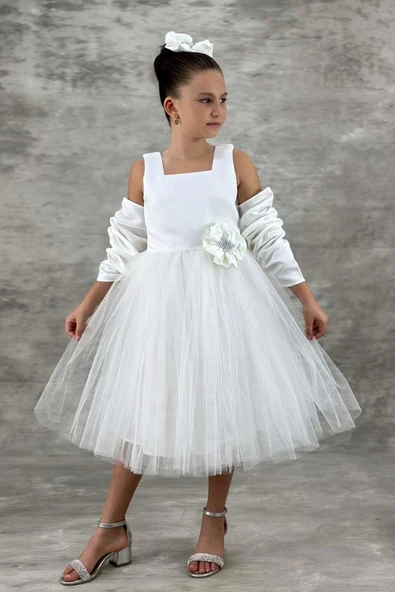 Kız Çocuk Kare Yaka Sıfır Kol Eteği Tüllü Kabarık Saten Kolluk Detaylı Beyaz Abiye ürün görseli