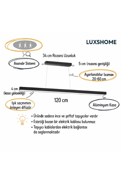 luxshome Lineer 120 cm Siyah Kasa Doğal Beyaz Işık Sarkıt Modern LED Avize, Salon Mutfak Ofis Masaüstü Lamba - Resim 3